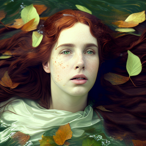 A woman poses in river with lilies and leaves