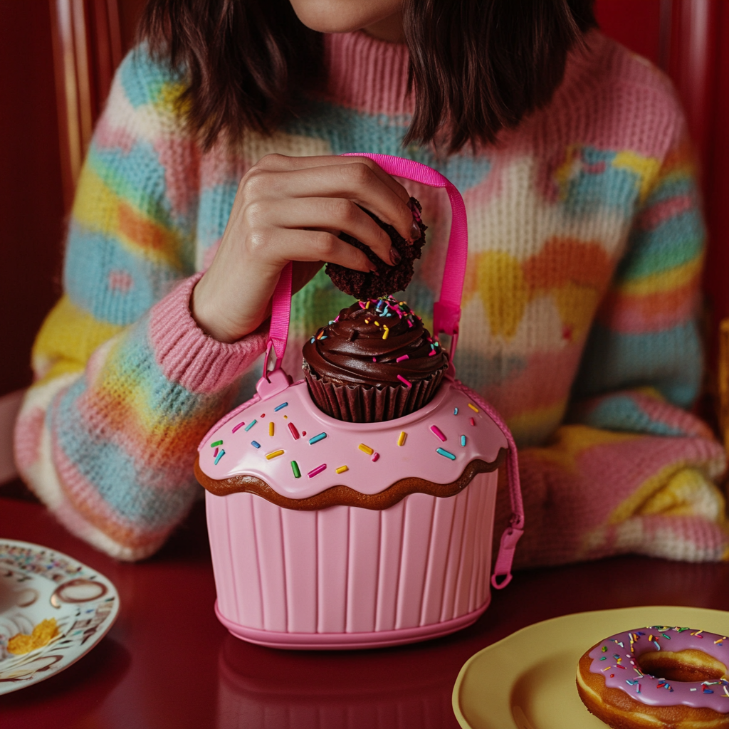 A woman pulls chocolate cupcake from cupcake purse.