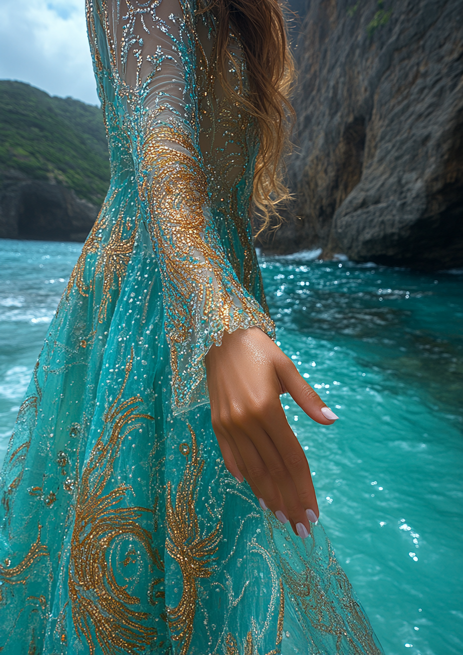 A woman reaches a man's hand on beach.