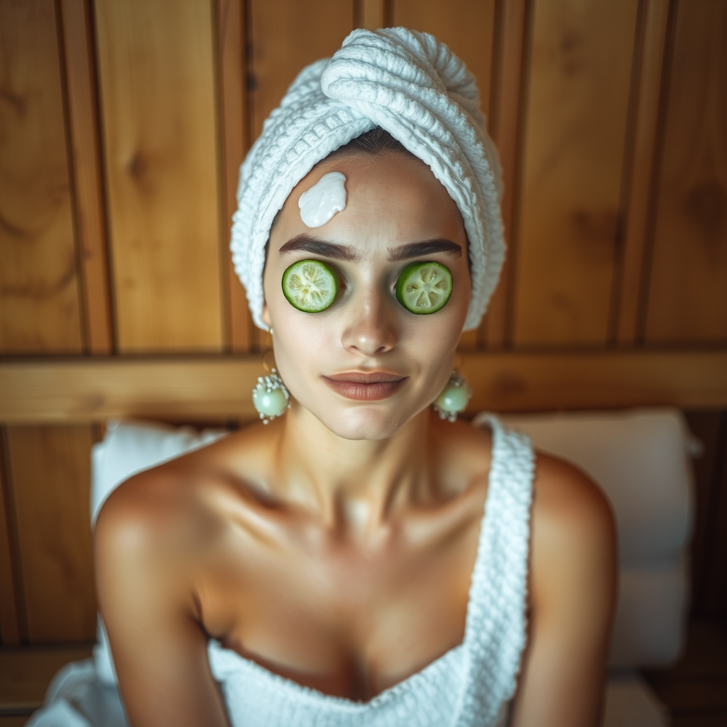 A woman relaxes in sauna with cucumber eyes.