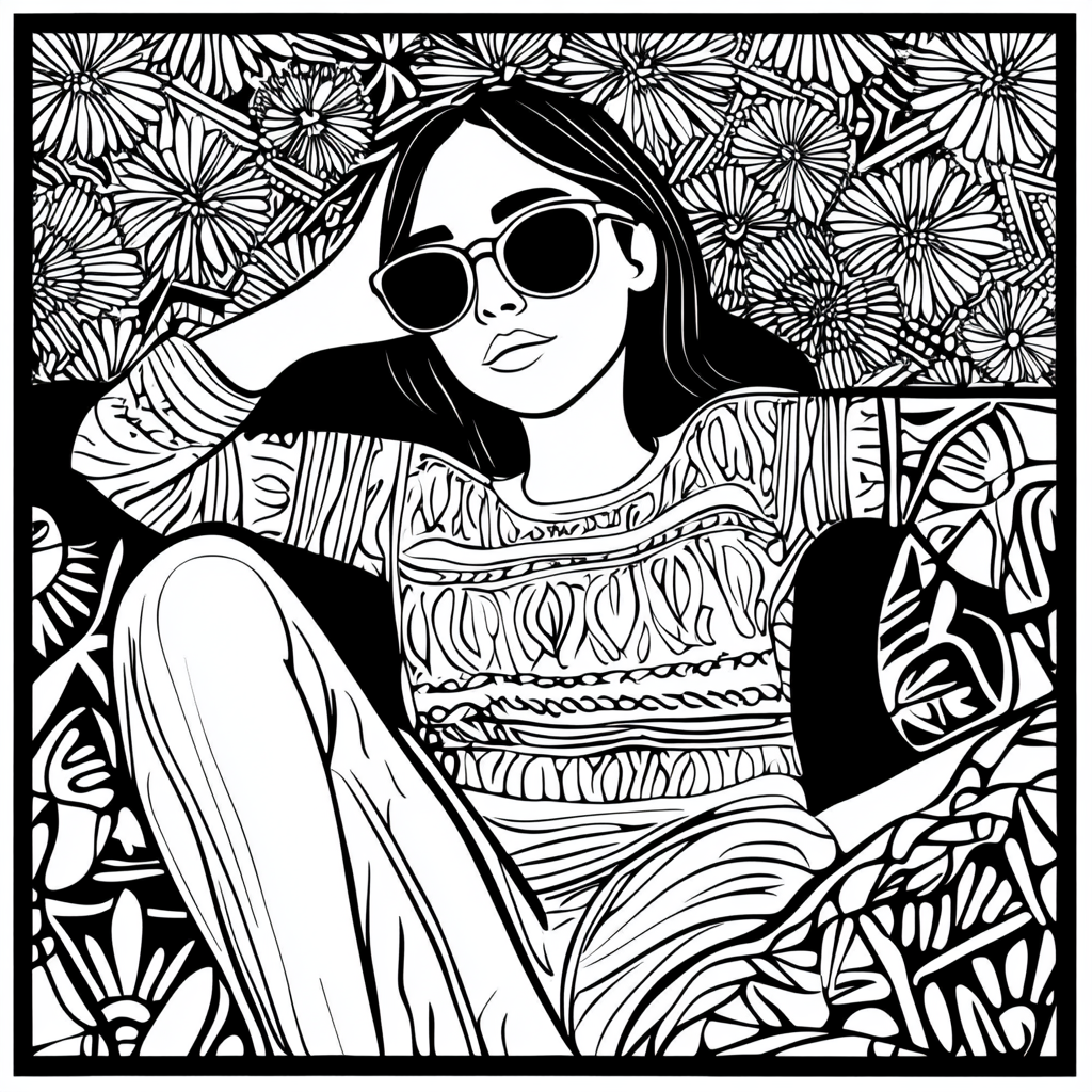 A woman relaxing in a cozy, zen coloring page