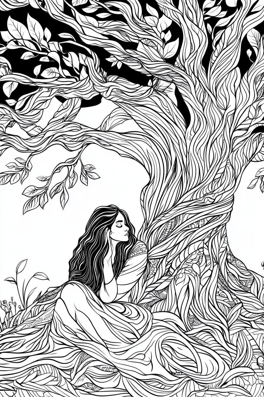 A woman resting under giant intricate nature scene