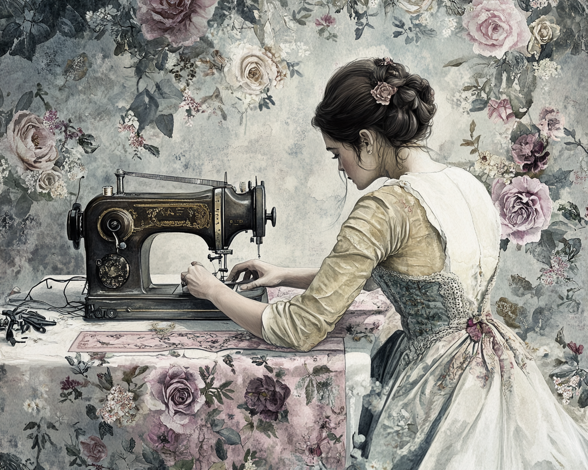 A woman sewing in a vintage studio.