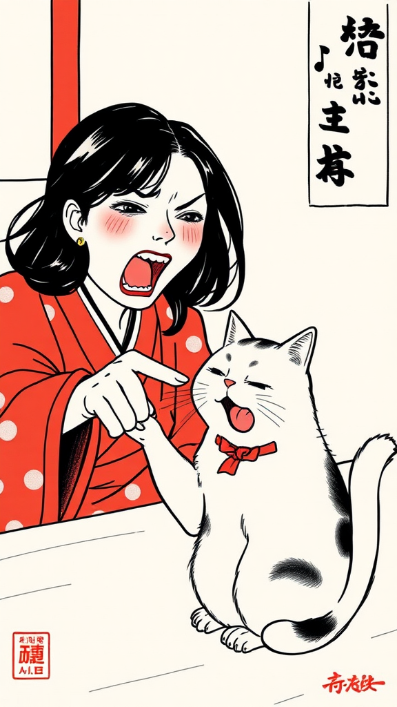 A woman shouts at cat in traditional Japanese art.