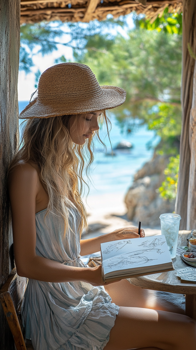 A woman sketching at beachside cafe in sundress