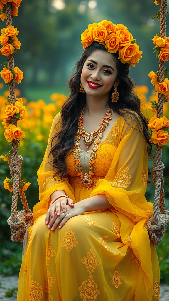 A woman smiling on a swing in garden