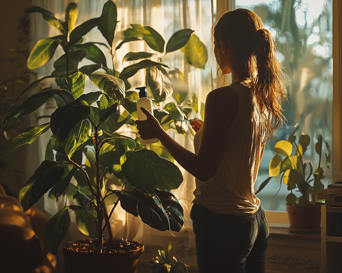 A woman spraying plant in cozy home