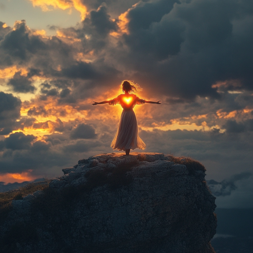 A woman standing on cliff edge with arms open, glowing joyfully.