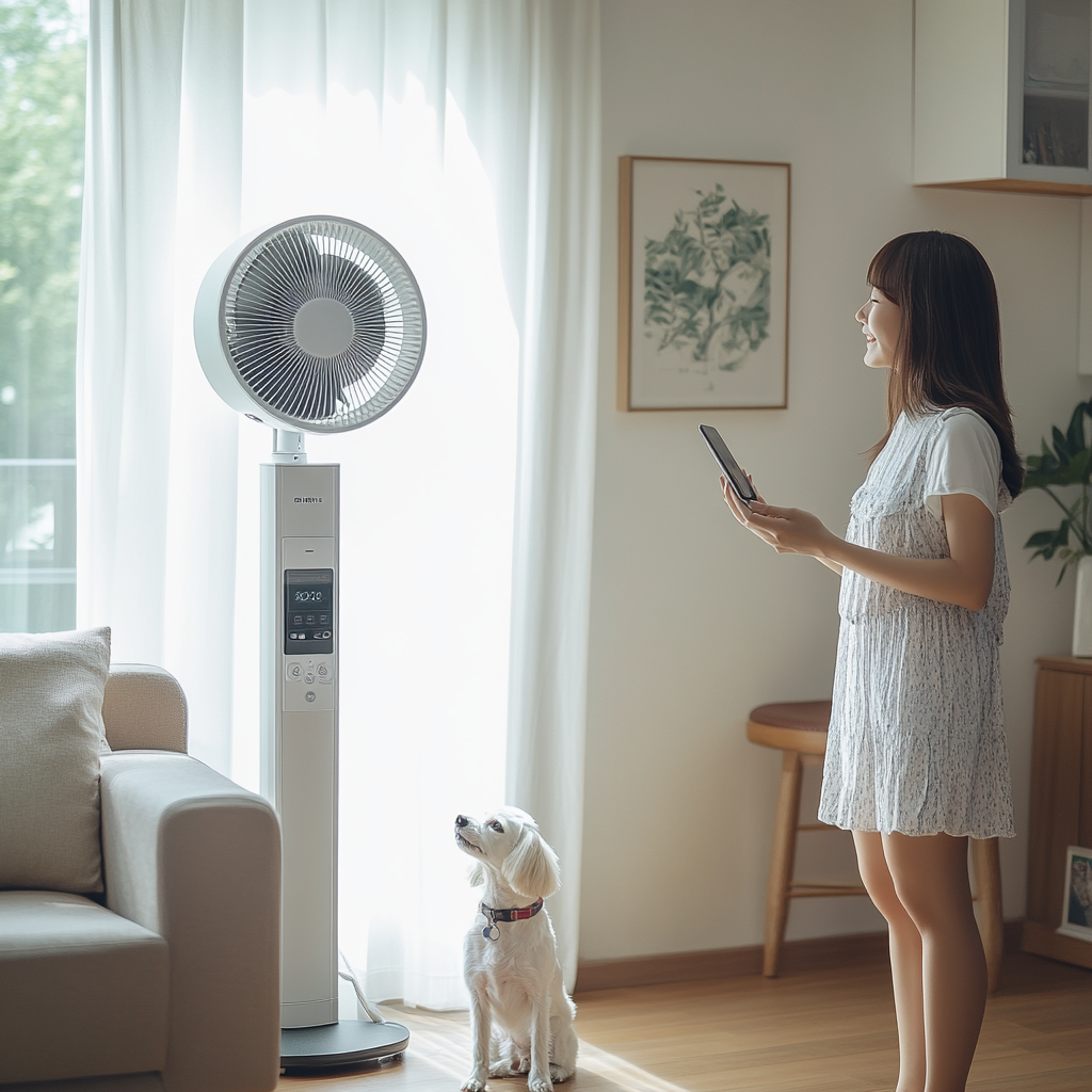 A woman stands in living room with pets