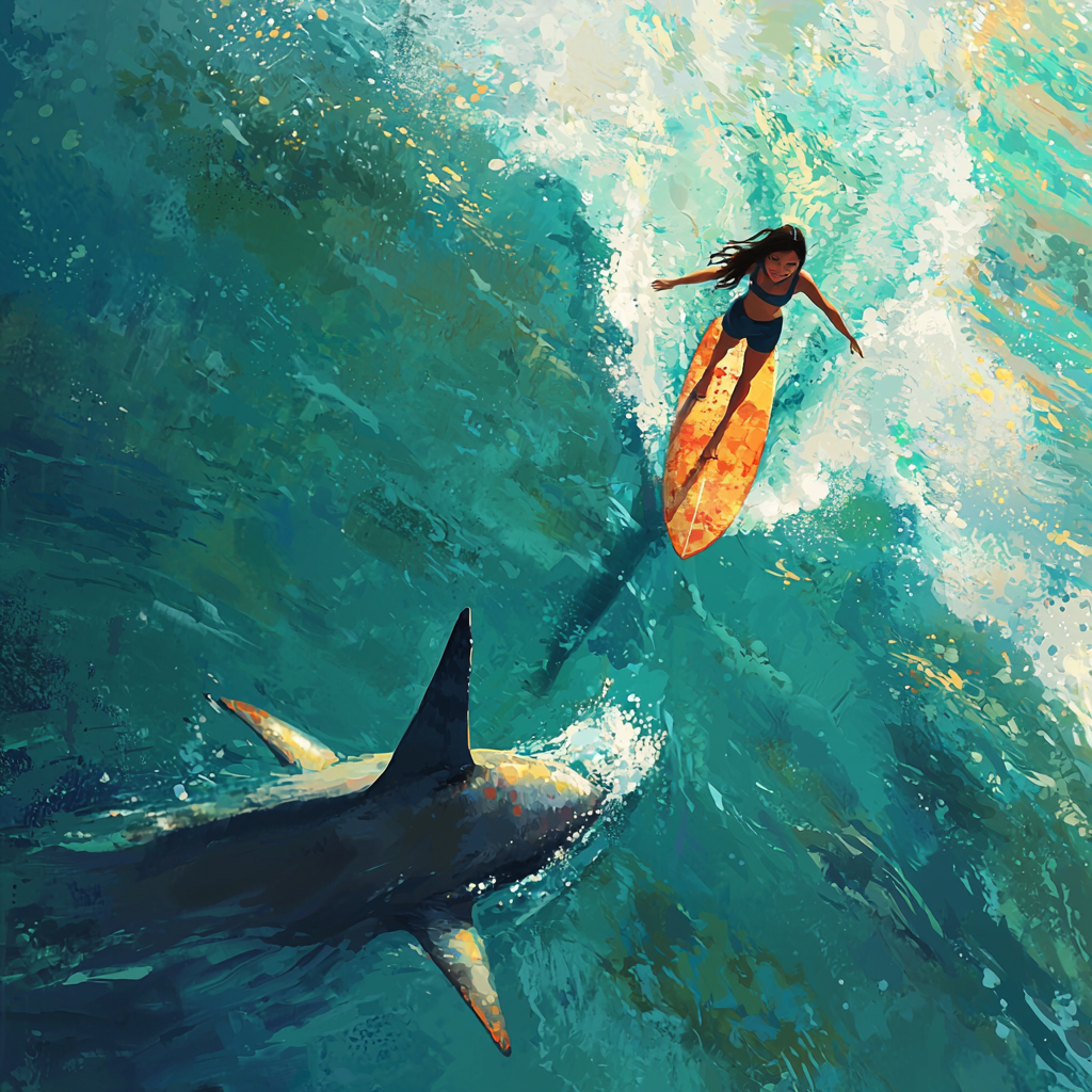 A woman surfing with shark nearby in ocean.