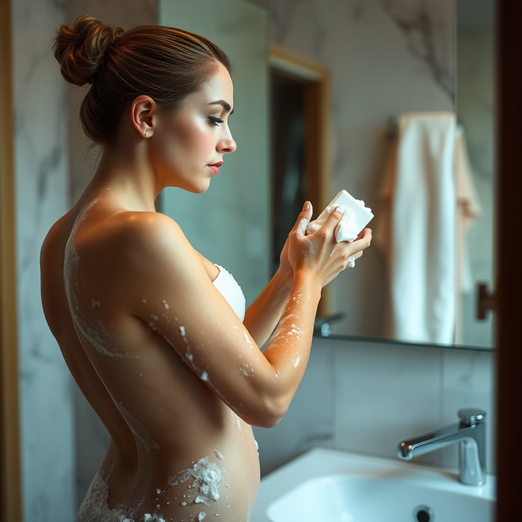 A woman takes a bath in bathroom.