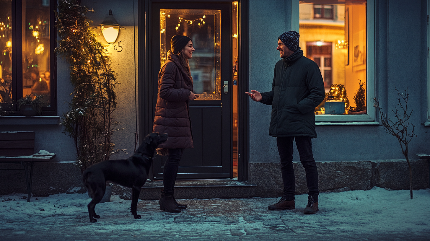 A woman talking to a man with dog.