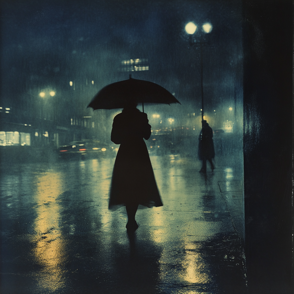 A woman walking alone in the rain.