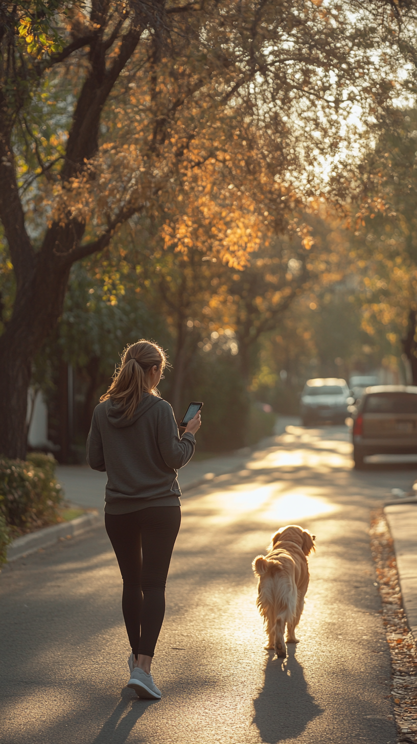 A woman walking dog on sunny morning