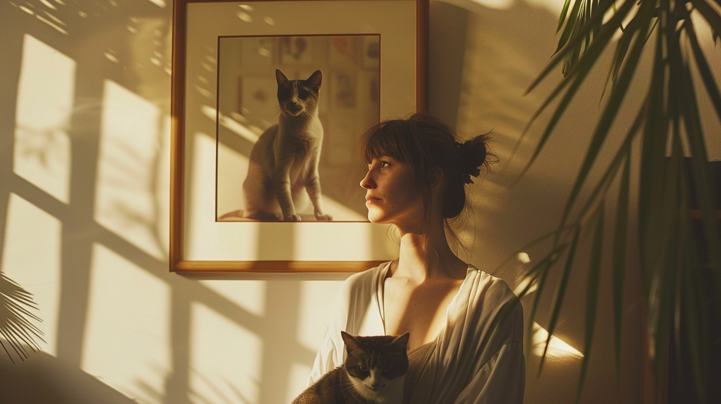 A woman with a blurry cat in a frame.