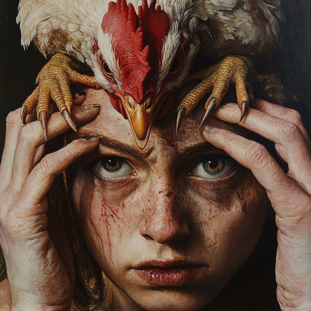 A woman with a chicken on head, scary look.