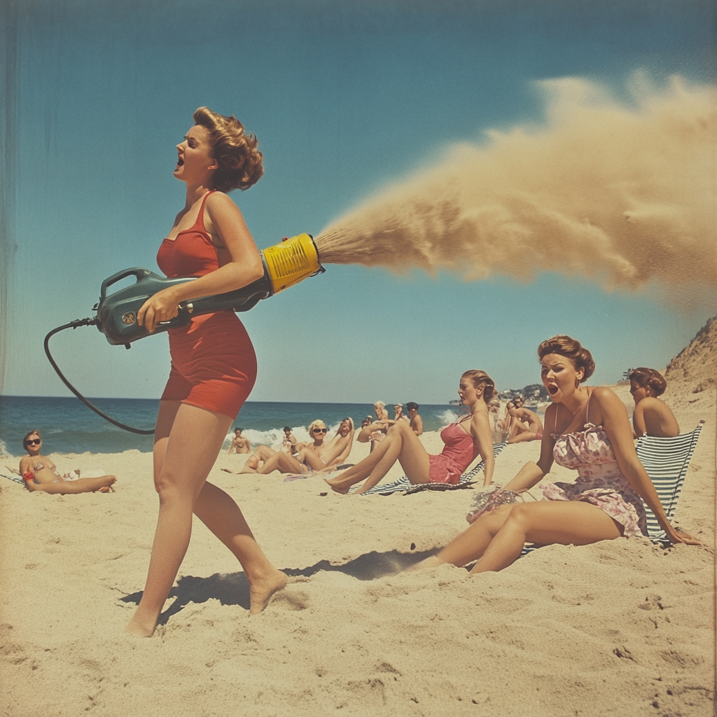 A woman with a leafblower blows sand at beachgoers.