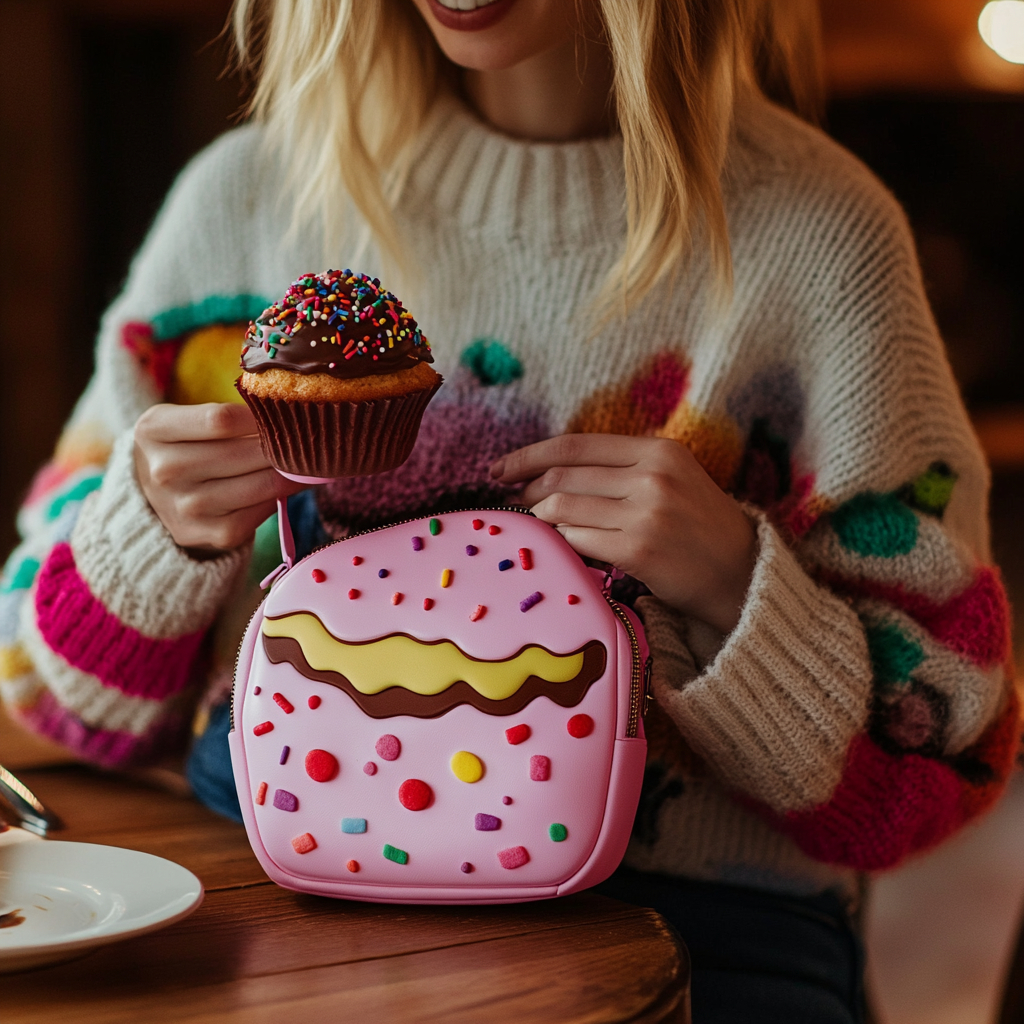 A woman with cupcake purse eats sweet treat.