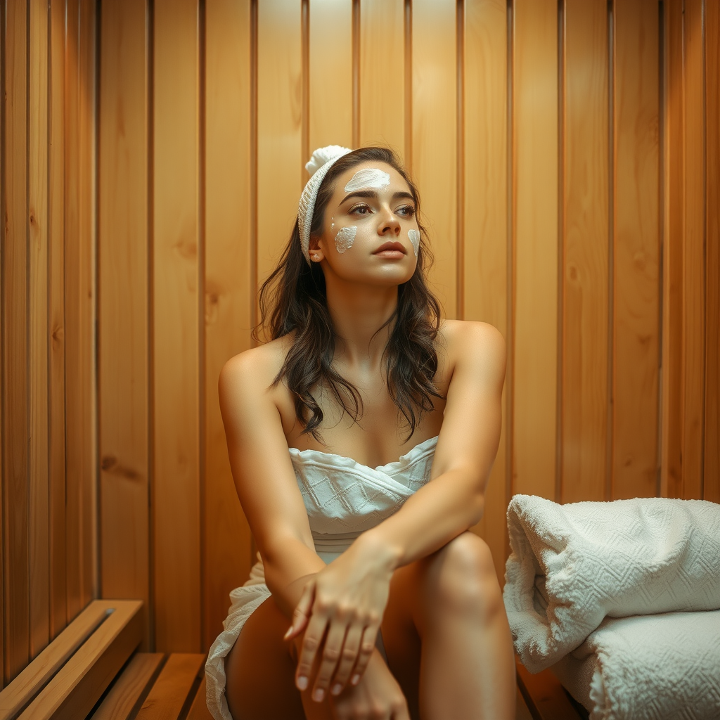 A woman with face cream in sauna.