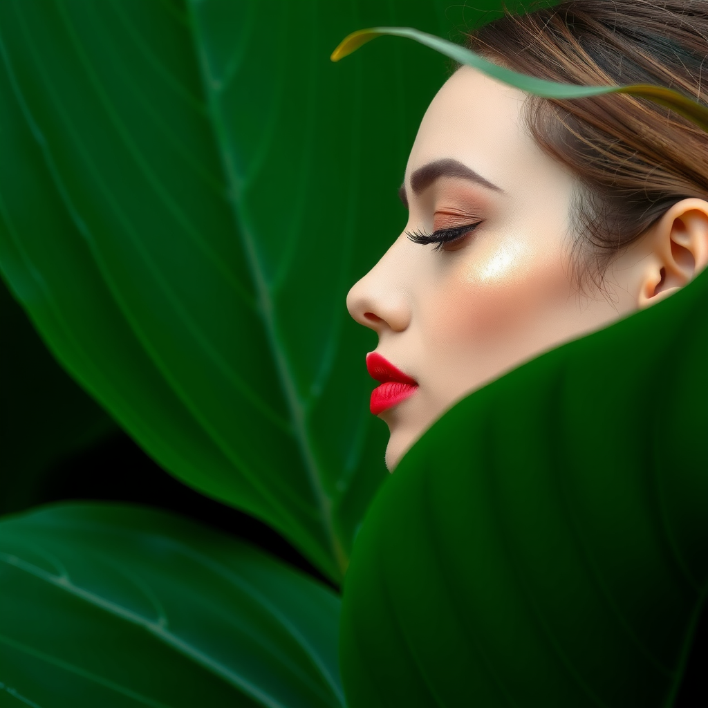 A woman with make-up on green leaves background.