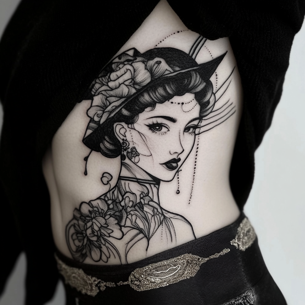 A woman with sharp tattoo outlines in style.