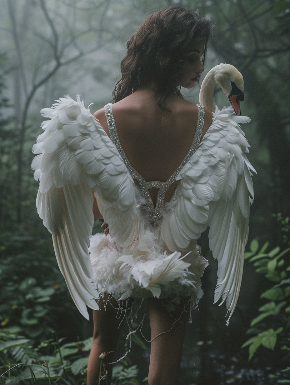 A woman with swan wings in spooky woods.