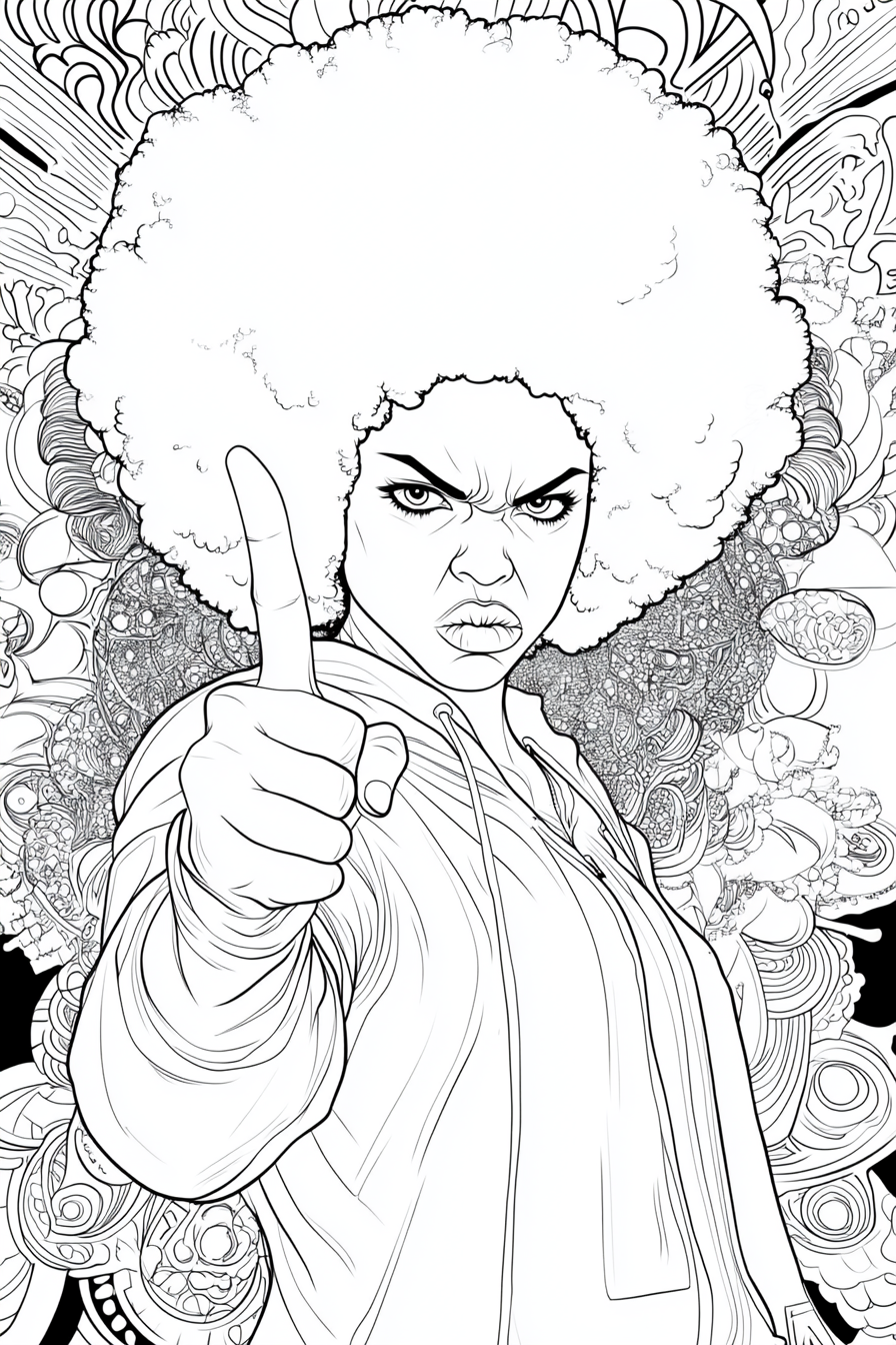 A woman with white afro showing middle finger