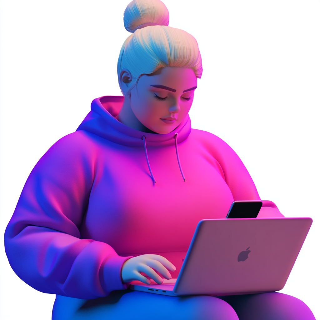 A woman working on laptop in colorful room.