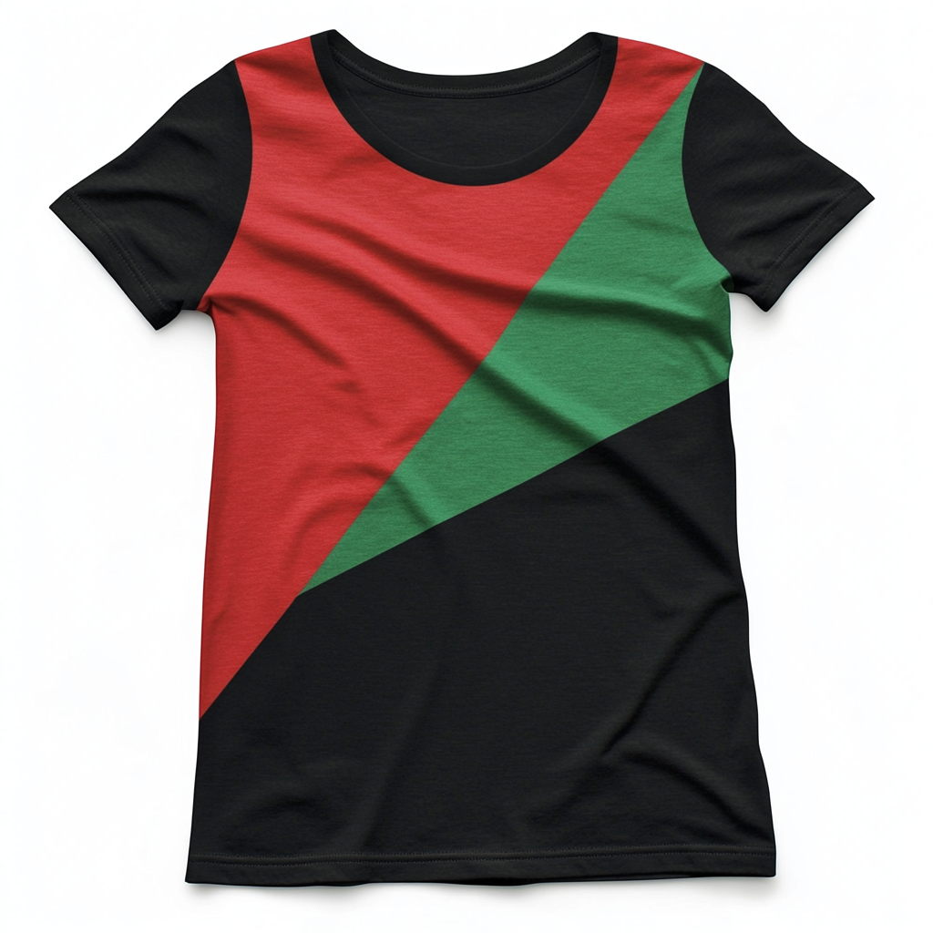 A women's t-shirt with large red triangle, green, black.