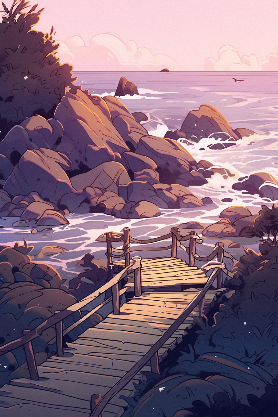 A wooden dock at sunset, waves crashing