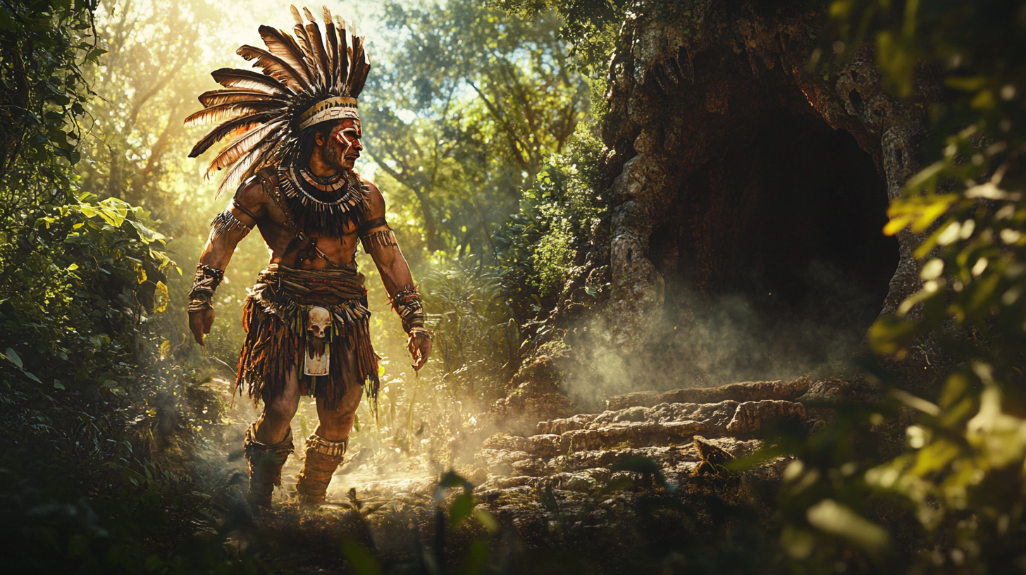 A wounded Aztec leader walking towards cave entrance