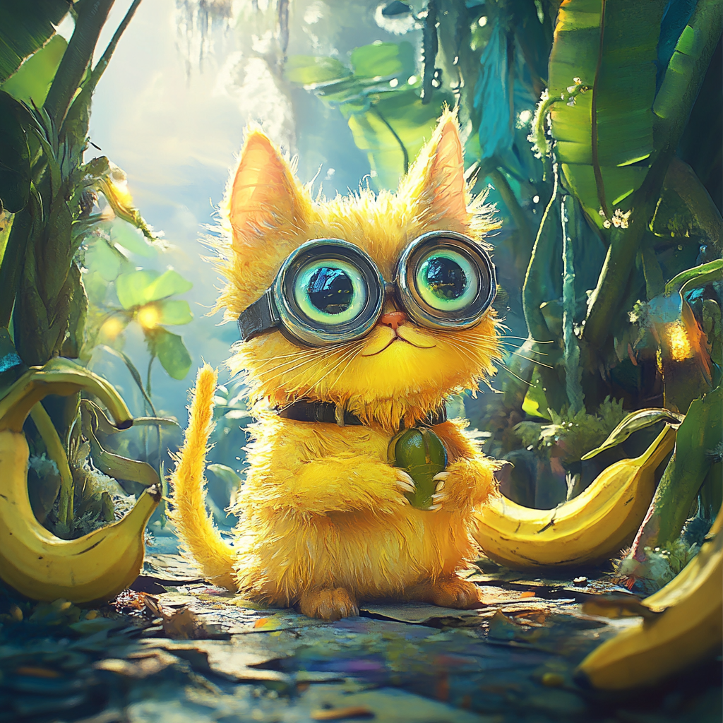 A yellow banana-shaped cat with minion goggles.