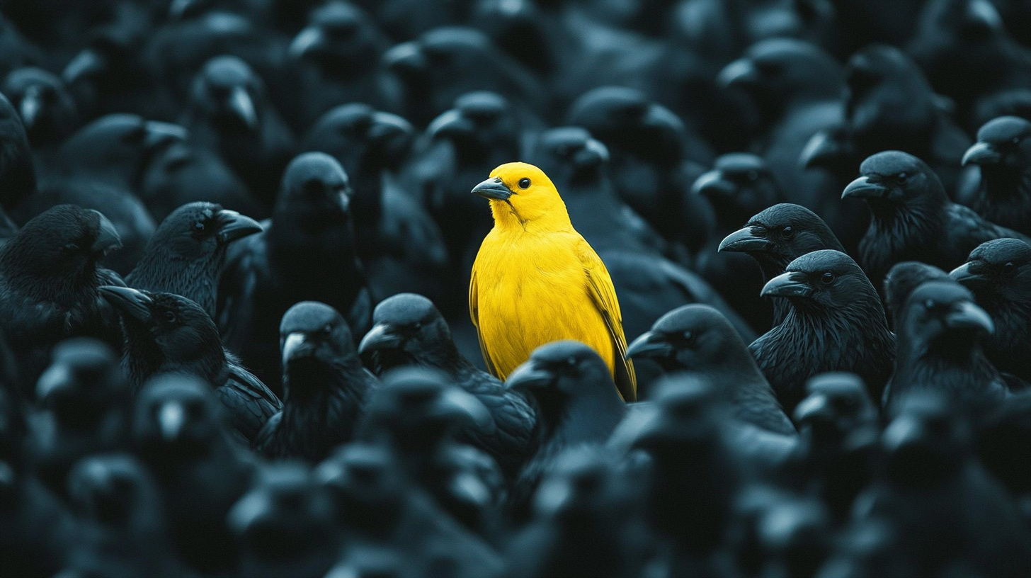 A yellow canary among many black crows.