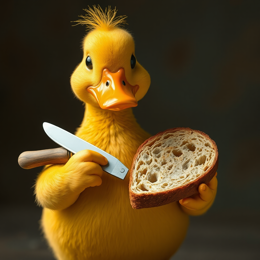 A yellow duck with a knife wants bread.