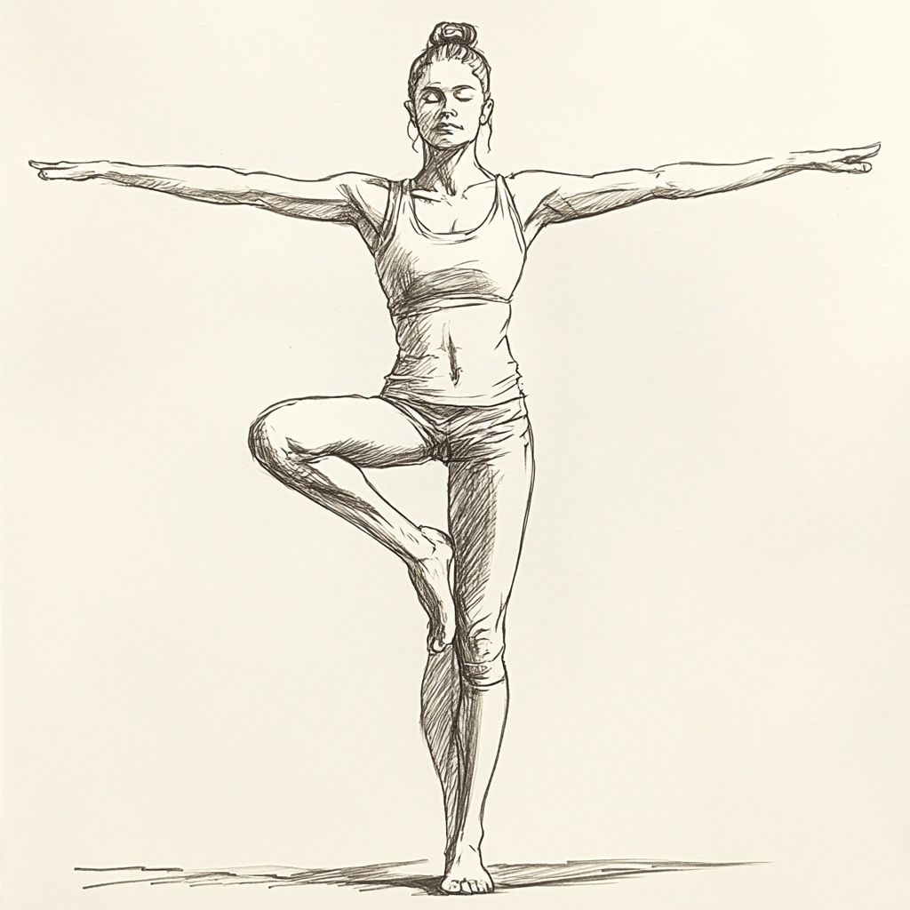 A yoga instructor in a balancing pose stretching arms.