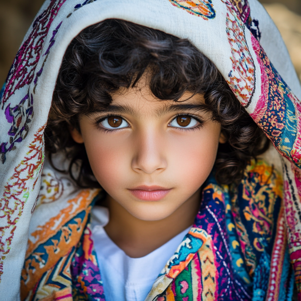 A young Arab boy in colorful traditional clothing.