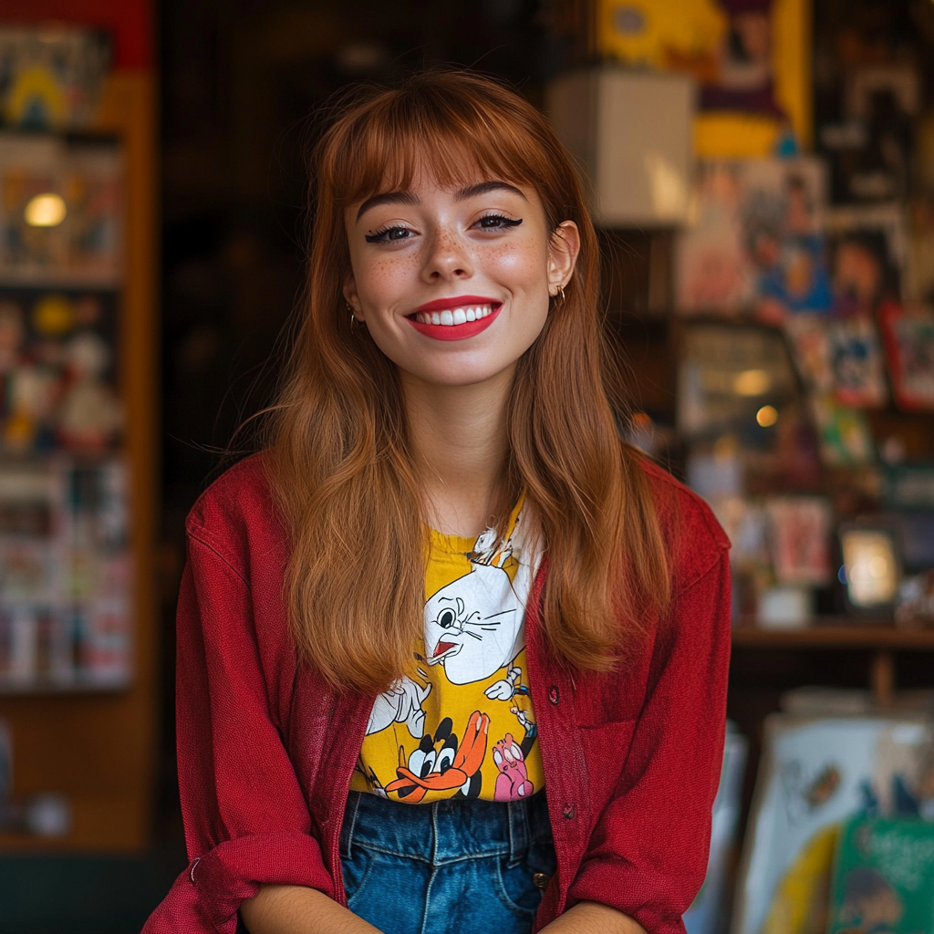 A young Caucasian woman in vintage Disney attire.