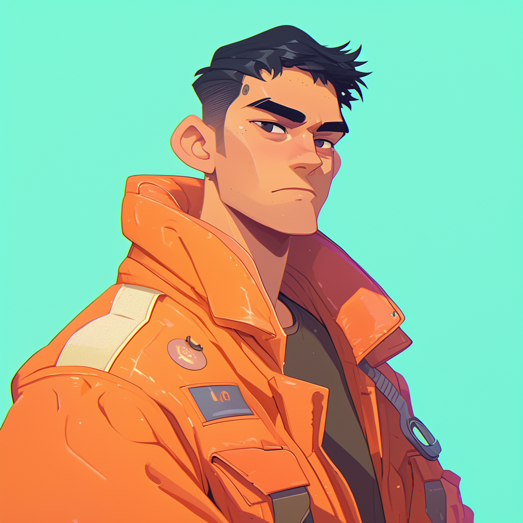 A young Hispanic man in orange sci-fi jacket