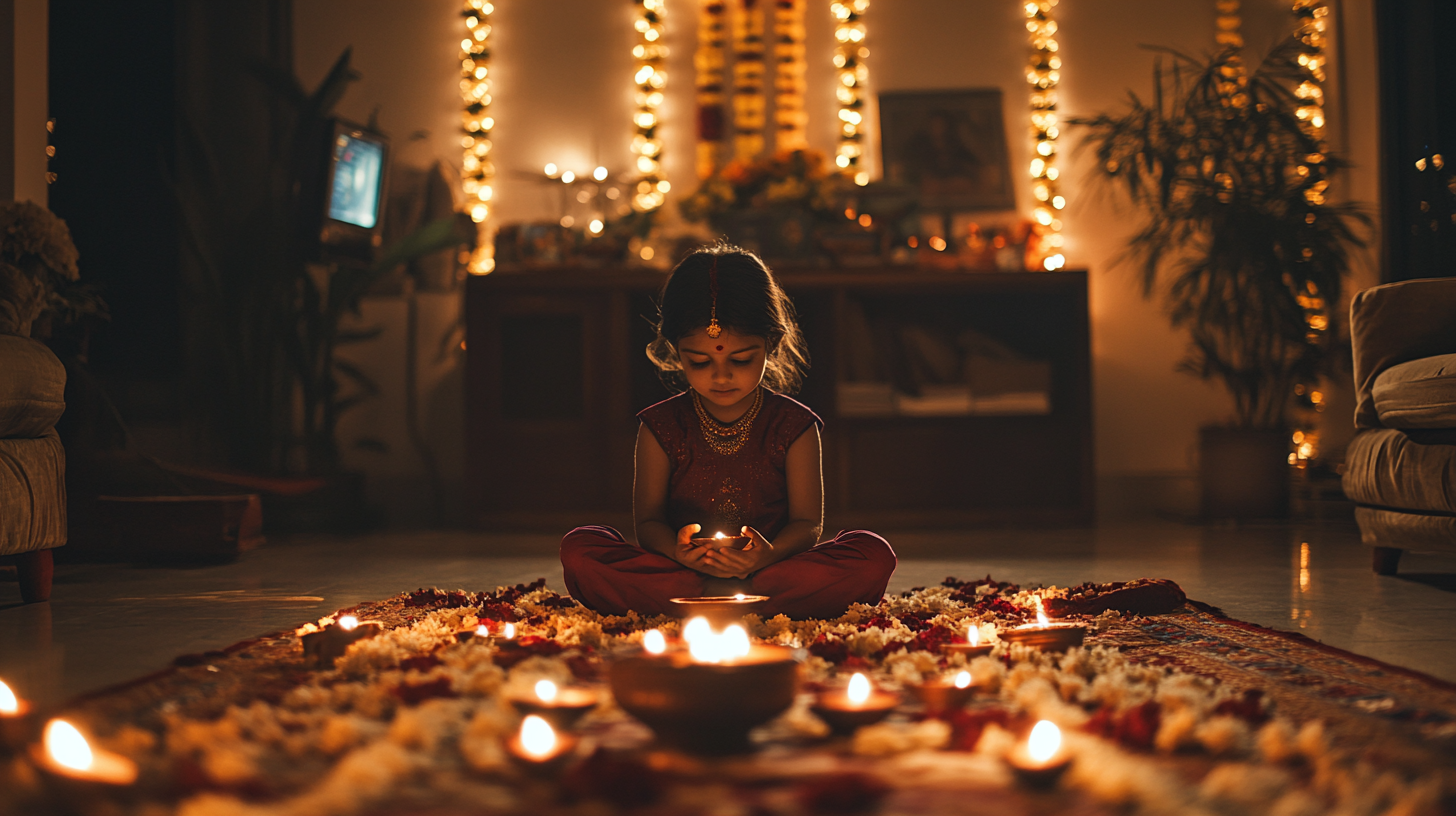 A young Indian sibling in a Diwali-decorated room