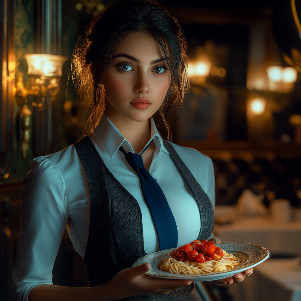 A young Italian waitress holding tomato pasta plate.