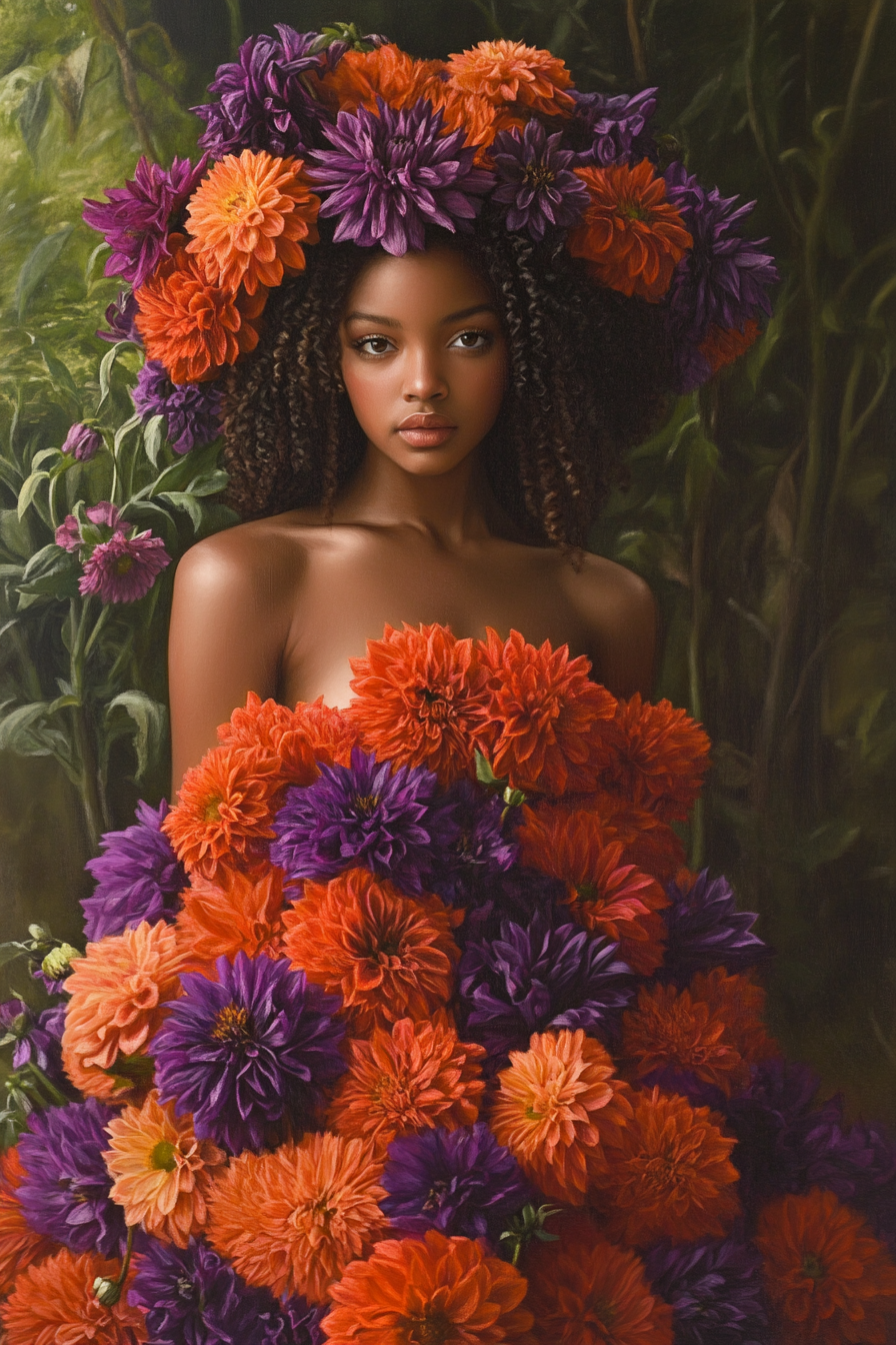 A young black woman in ballgown with floral headpiece.