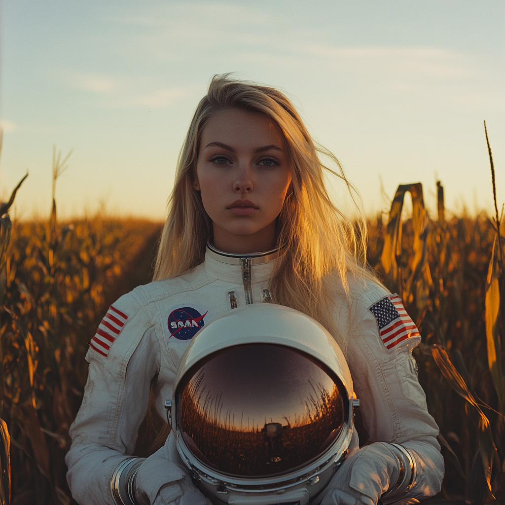 A young blonde woman in an astronaut outfit