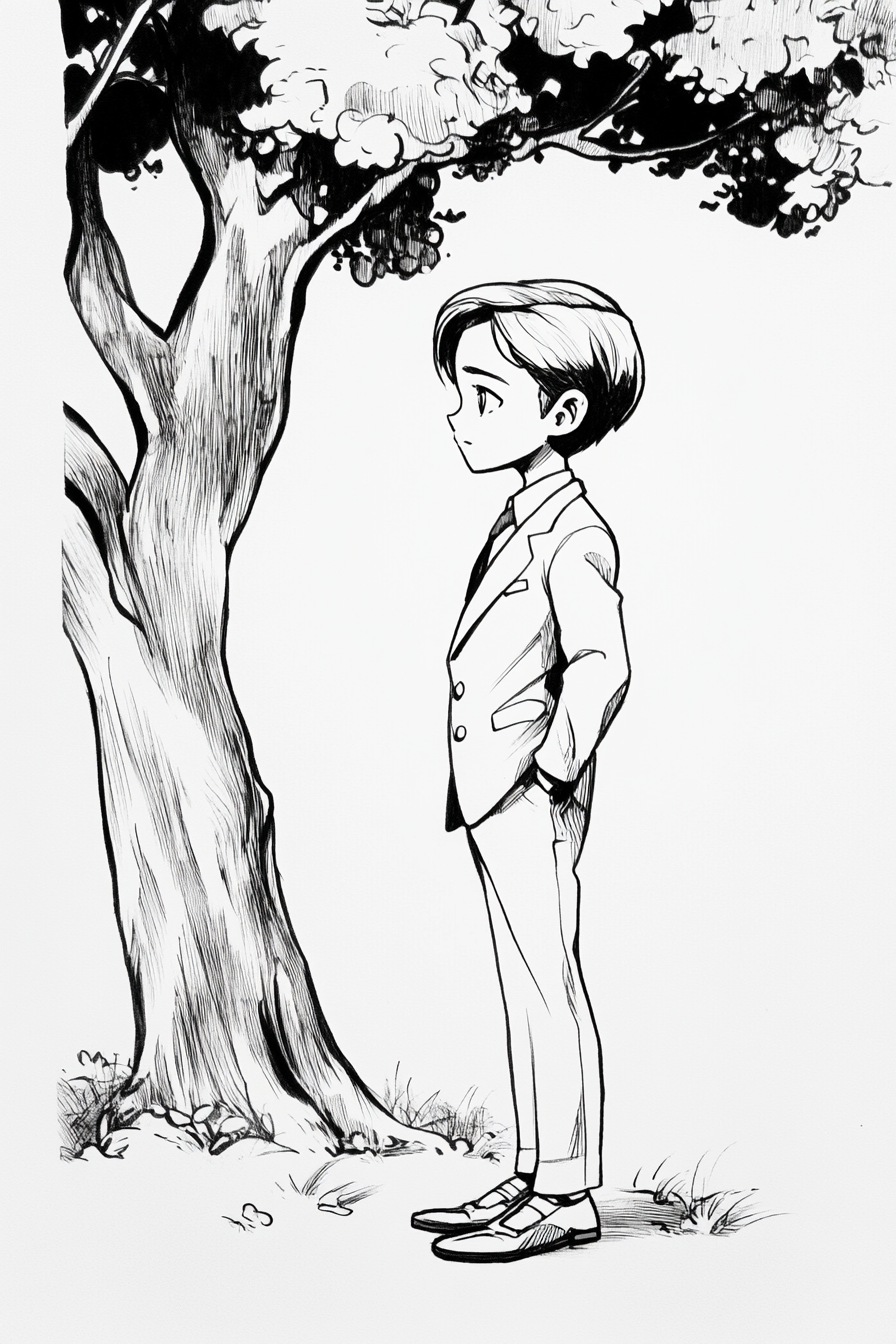 A young boy in oversized suit by tree