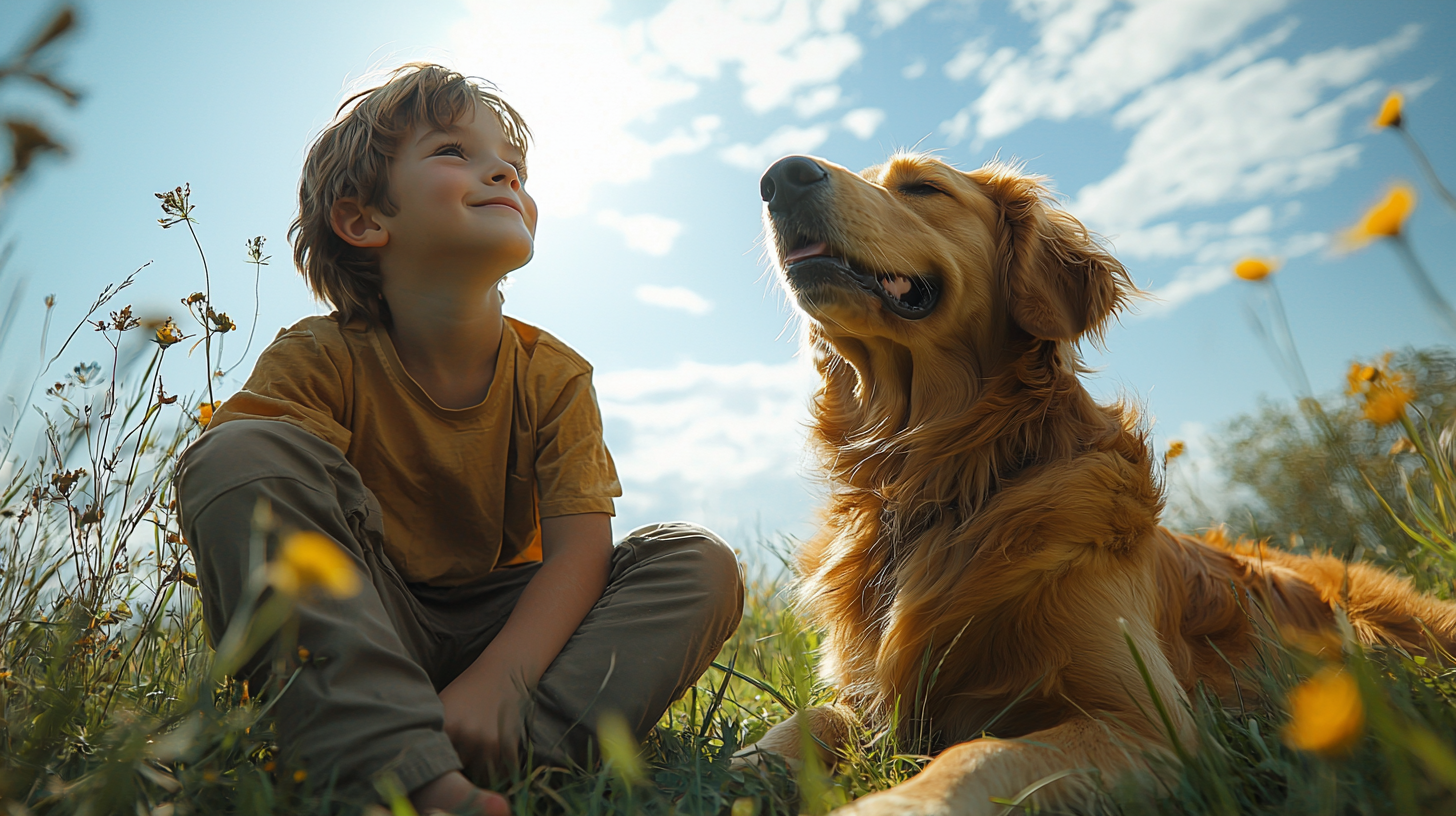 A young boy petting a golden retriever in field.