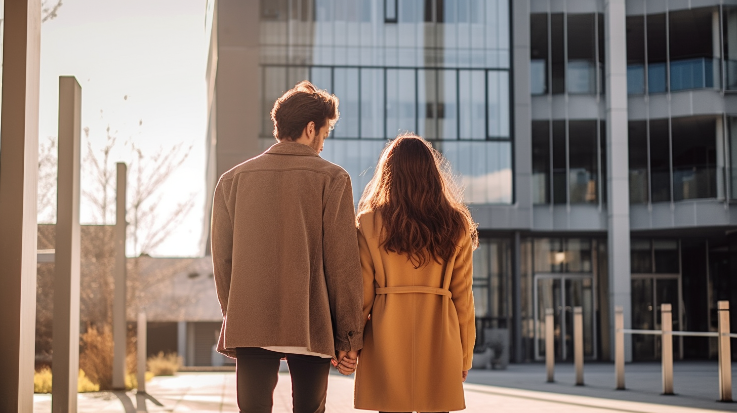 A young couple admiring a modern cityscape