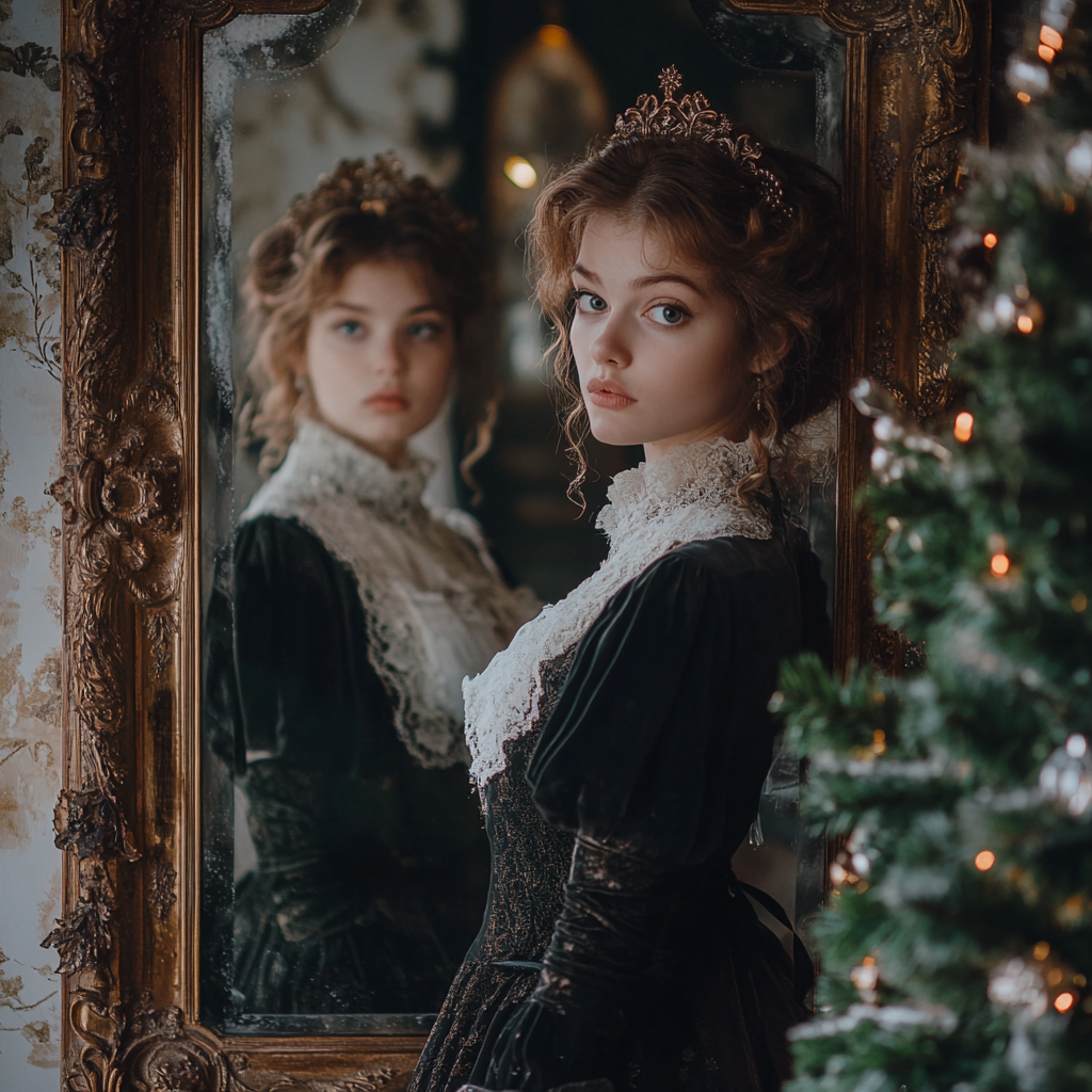 A young girl in old-fashioned dress looks in mirror