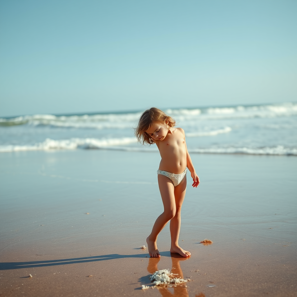 A young girl playing on the beach.