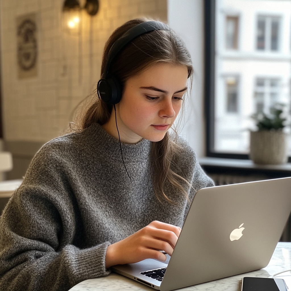 A young girl studying with a MacBook and iPad.