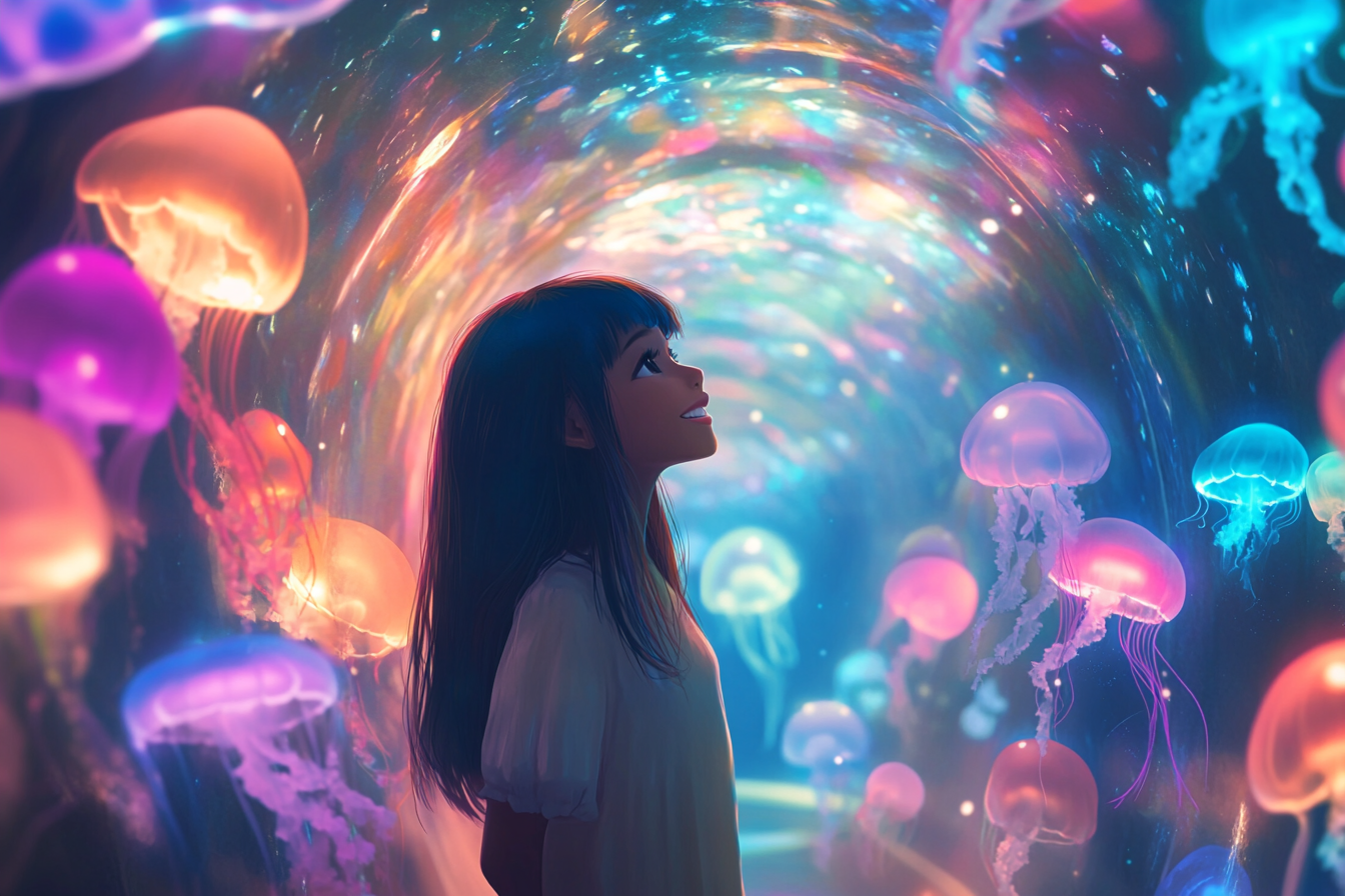 A young girl with shiny hair and rainbow jellyfish.