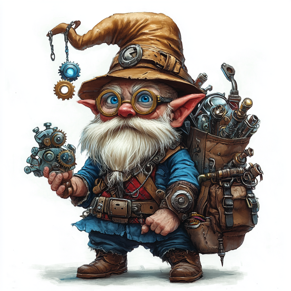 A young gnome wizard with blue eyes and tools.